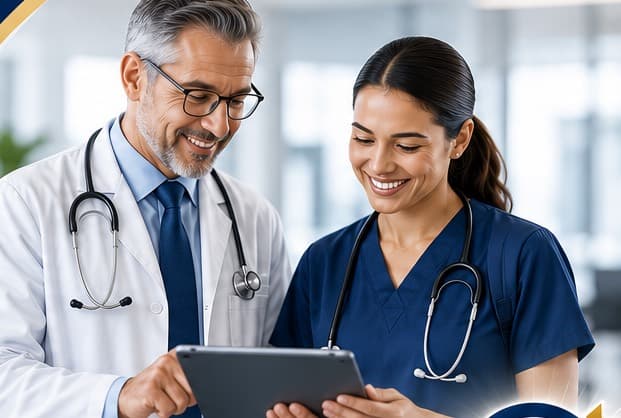 A physician preceptor and an NP student reviewing a chart together